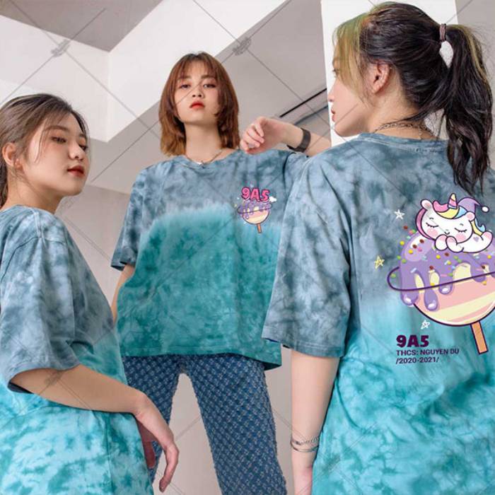 Mẫu áo lớp Ombre màu xanh xám in hình mèo đáng yêu