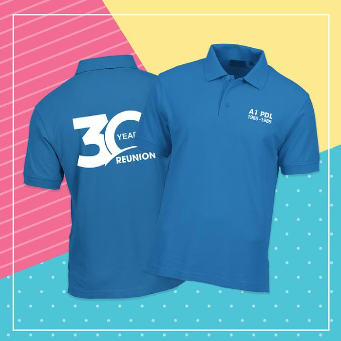 Hình in kỷ niệm 30 năm ra trường của chiếc áo lớp màu xanh