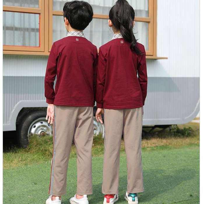 Áo dài tay đồng phục học sinh cấp 1 có cổ màu đỏ đô - Ảnh 3