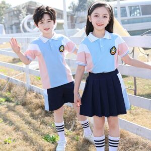 Mẫu áo đồng phục học sinh cấp 1 màu xanh phối hồng