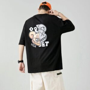 Áo thun unisex hình gấu kiểu dáng oversize, cổ tròn, tay lỡ